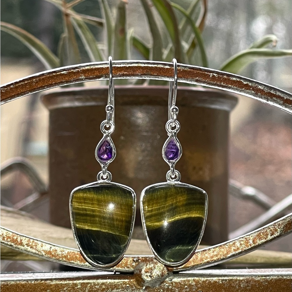 Natural Rare Hawk’s Eye & Amethyst Sterling Silver Earrings